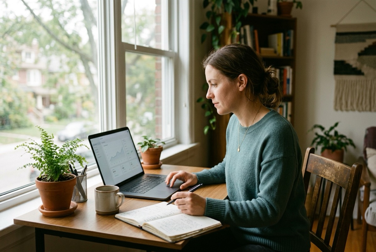 Person working on a laptop, learning to use AI tools